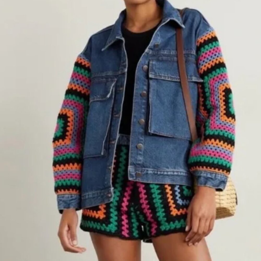 Farm Rio Jean Jacket | Oversized | Crocheted Sleeves | 90s | Size S